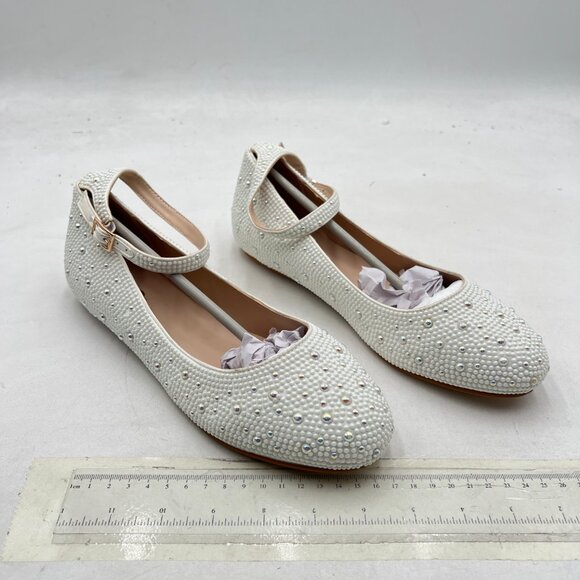 XYD White Sparkle Rhinestones Ankle Strap Ballet Flat Studded Buckled Dress Shoe - Picture 4 of 8